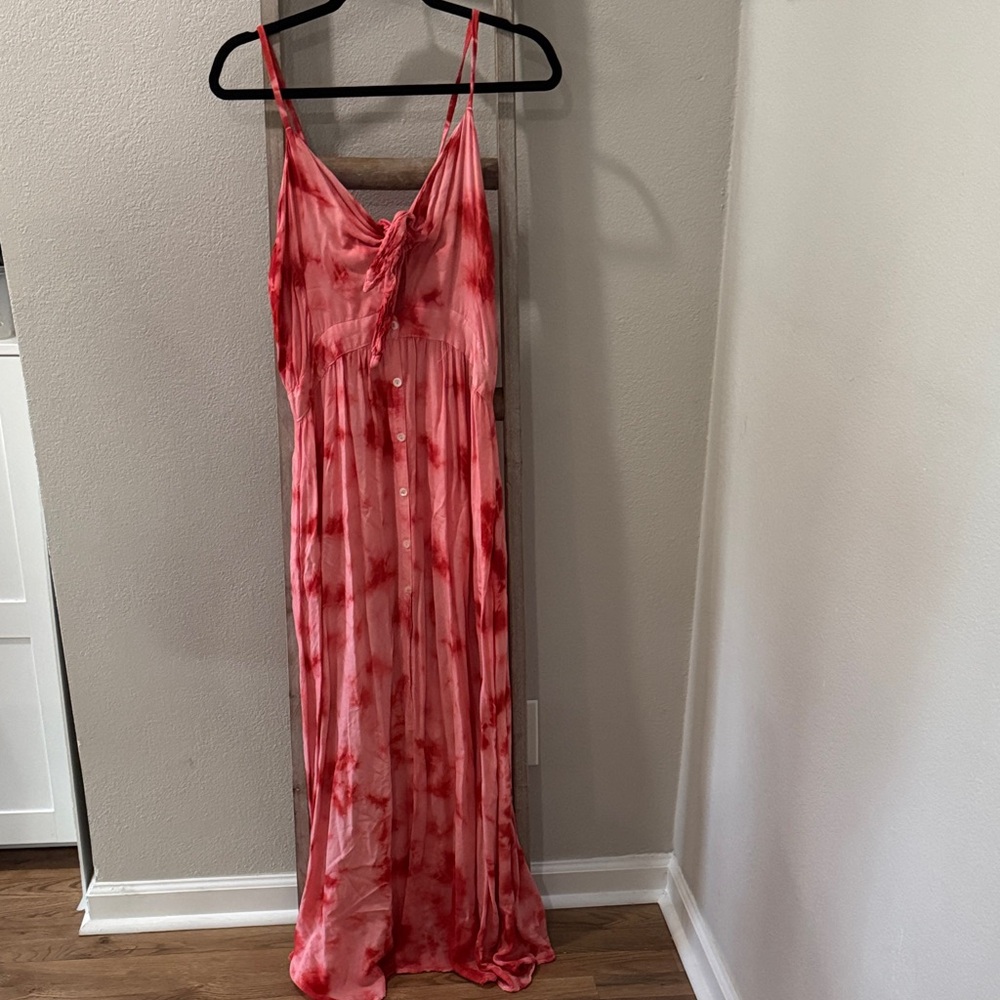 Bohome Collection Red Tie-Dye Maxi Dress with Tie Front and Button Features